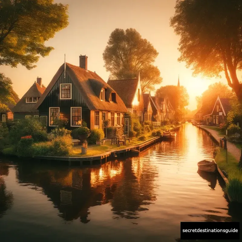 Beautiful sunset casting golden light on the calm waters and quaint cottages of Giethoorn