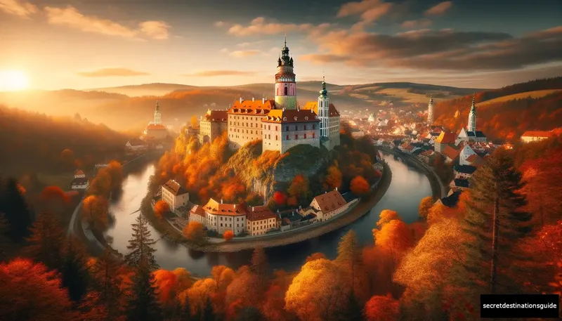 Breathtaking view of Český Krumlov Castle surrounded by autumn colors