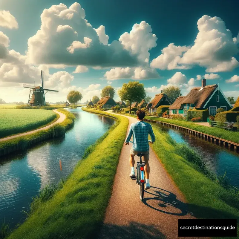 Cyclist enjoying a scenic route to Giethoorn, surrounded by green fields