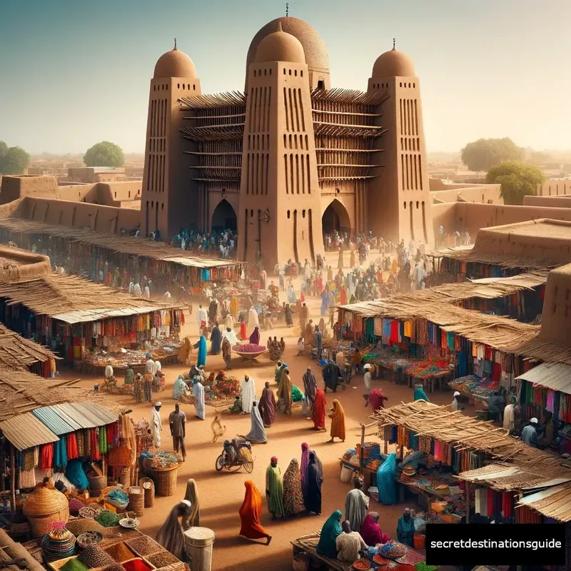 The bustling market in Djenné with the Great Mosque in the background