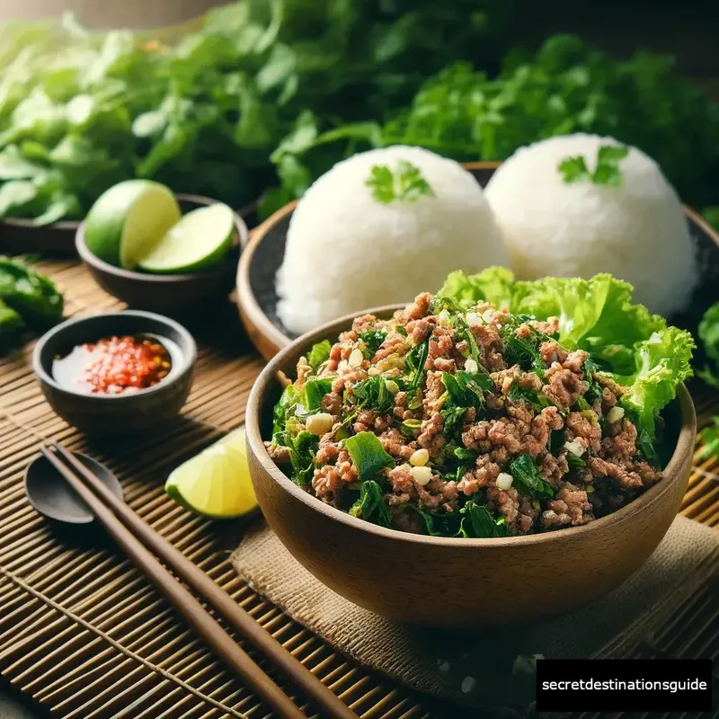 Delicious traditional Laap next to a basket of sticky rice