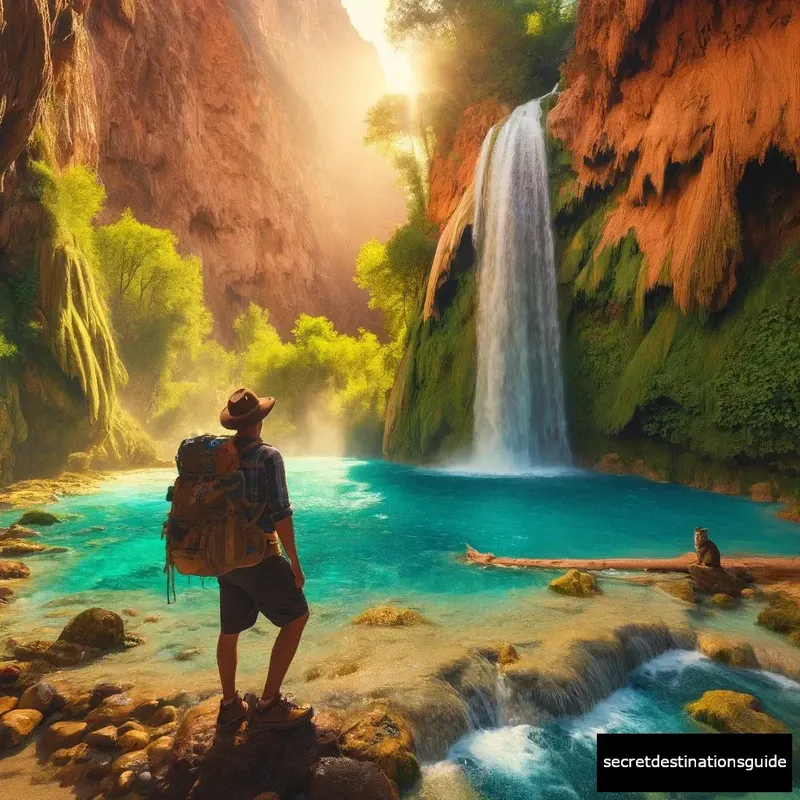 Adventurous traveller exploring Mooney Falls, a hidden beauty of Havasu Canyon