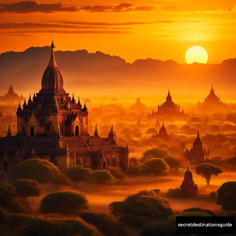 Breathtaking sunset casting golden hues over the ancient temples of Bagan