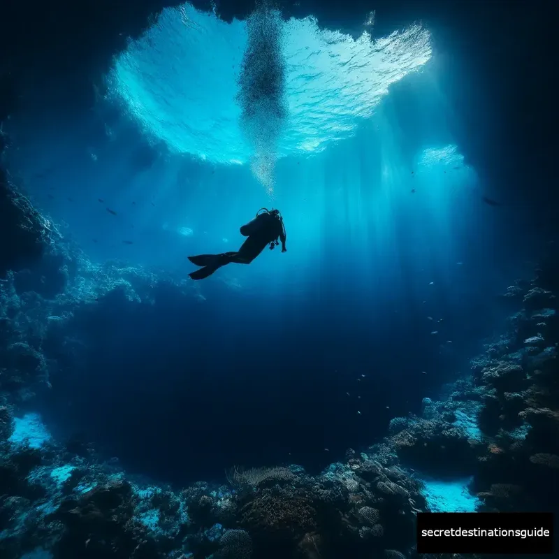 Diver illuminated by sunlight in the Great Blue Hole of Belize