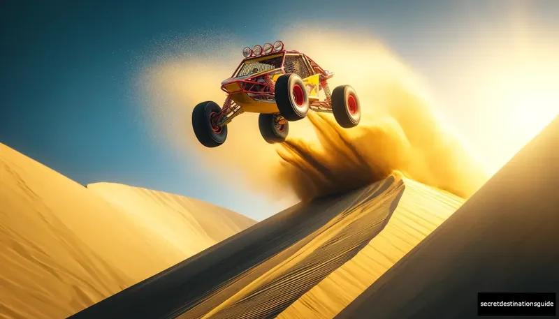 Dune buggy leaping over a sand dune in Huacachina