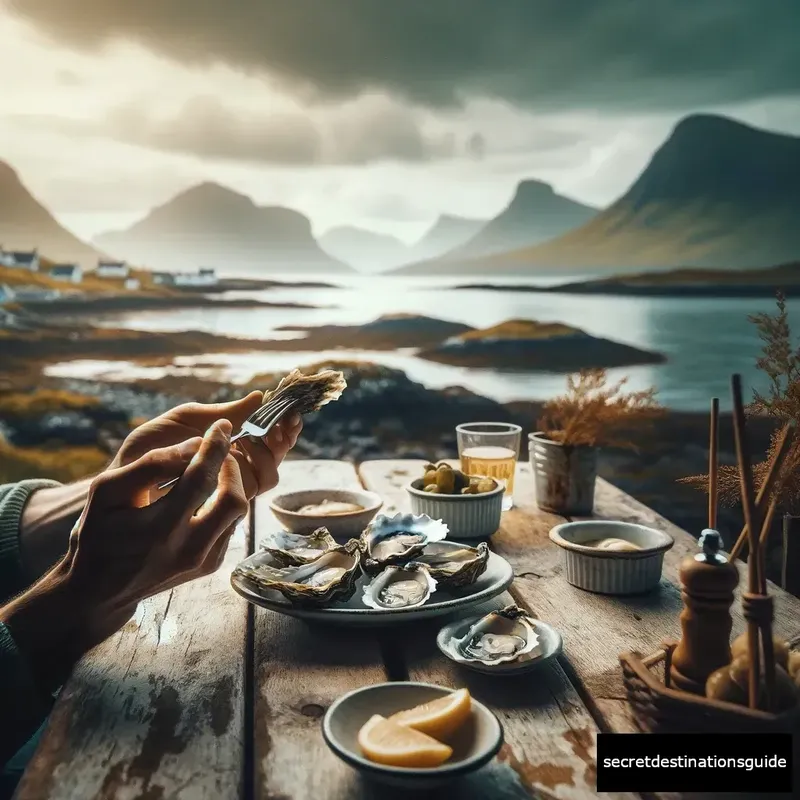 Enjoying the local specialty, fresh oysters, on the Isle of Skye