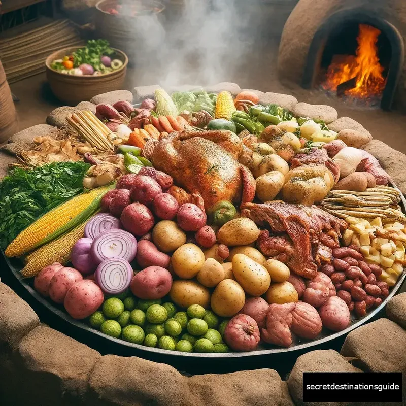 A freshly prepared Pachamanca dish, featuring a mix of meats and vegetables, seasoned with Maras salt