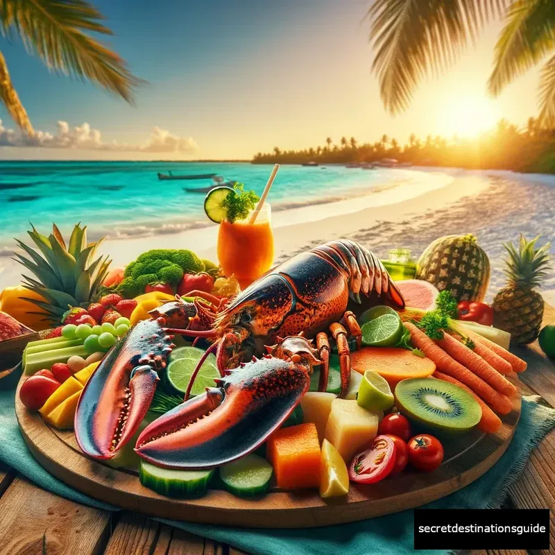 Freshly prepared Belizean lobster meal on a scenic beach