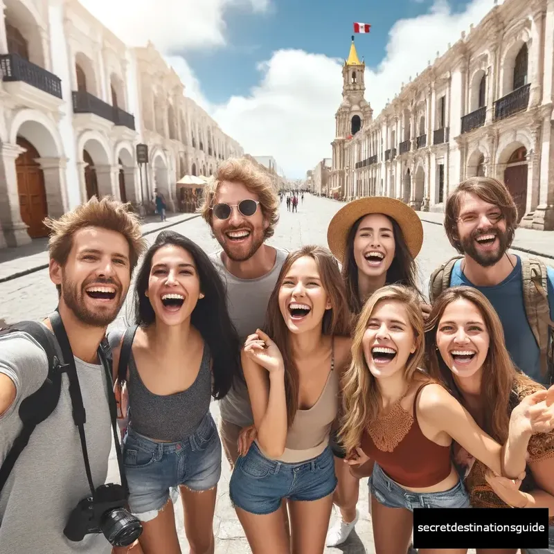 Group of happy tourists enjoying the vibrant streets and colonial architecture of Arequipa, making unforgettable memories