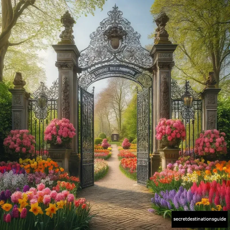 Historic entrance gate of Hortus Bulborum surrounded by blooming flowers