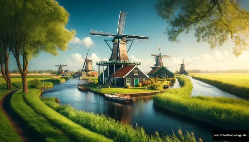 Iconic windmills standing against the backdrop of Zaanse Schans’ lush landscapes