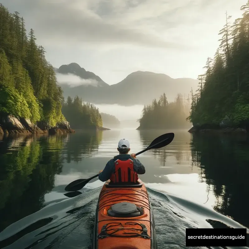 A kayaker exploring the serene, remote waters of Haida Gwaii