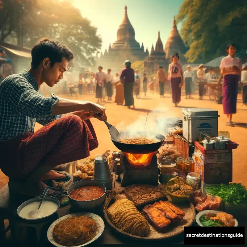 Local street food vendor preparing traditional Burmese cuisine in Bagan