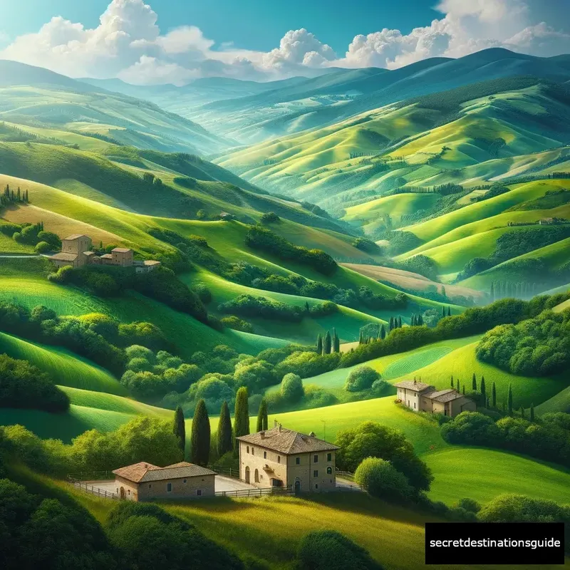 the lush, green landscape of Umbria with rolling hills and scattered farmhouses