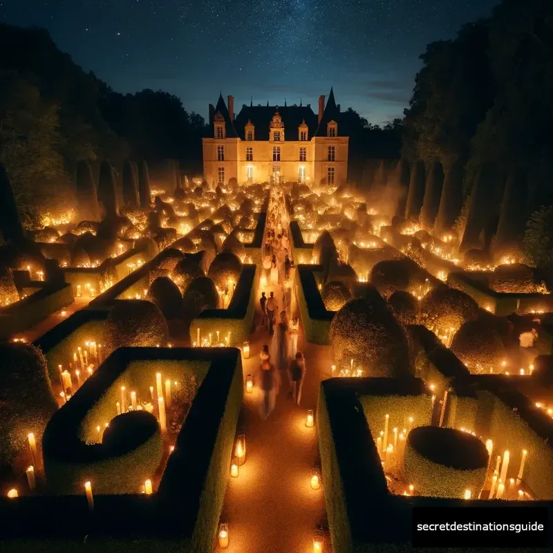 Candlelit night view of The Gardens of Marqueyssac