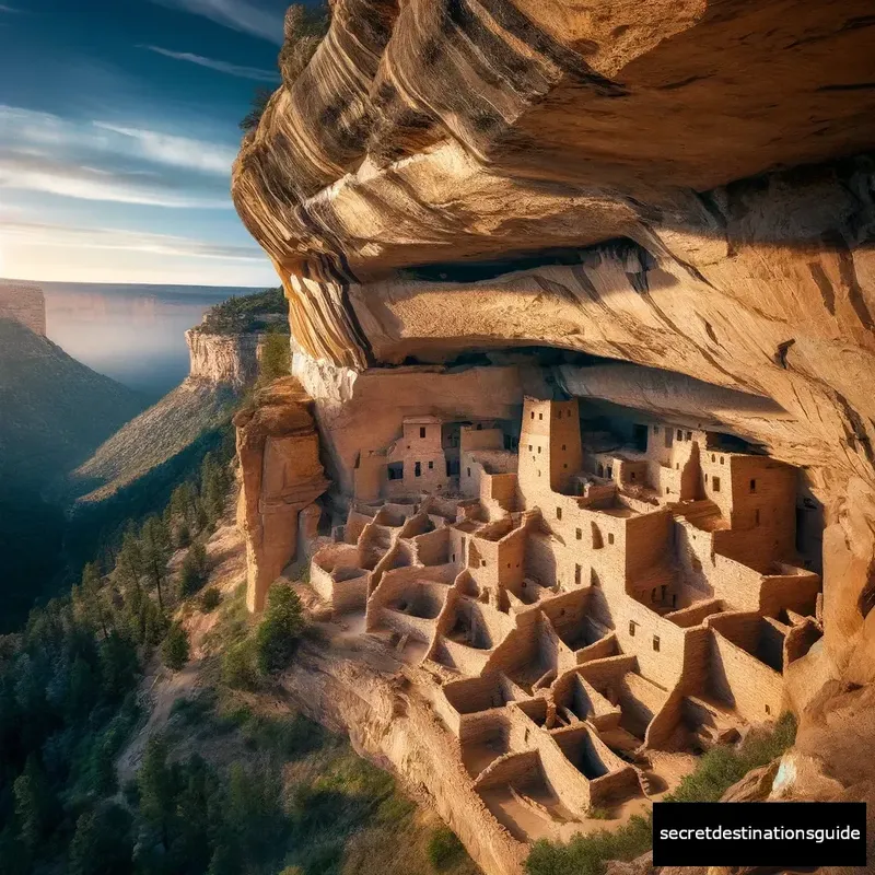 Cliffside dwellings of Mesa Verde National Park under the clear blue sky