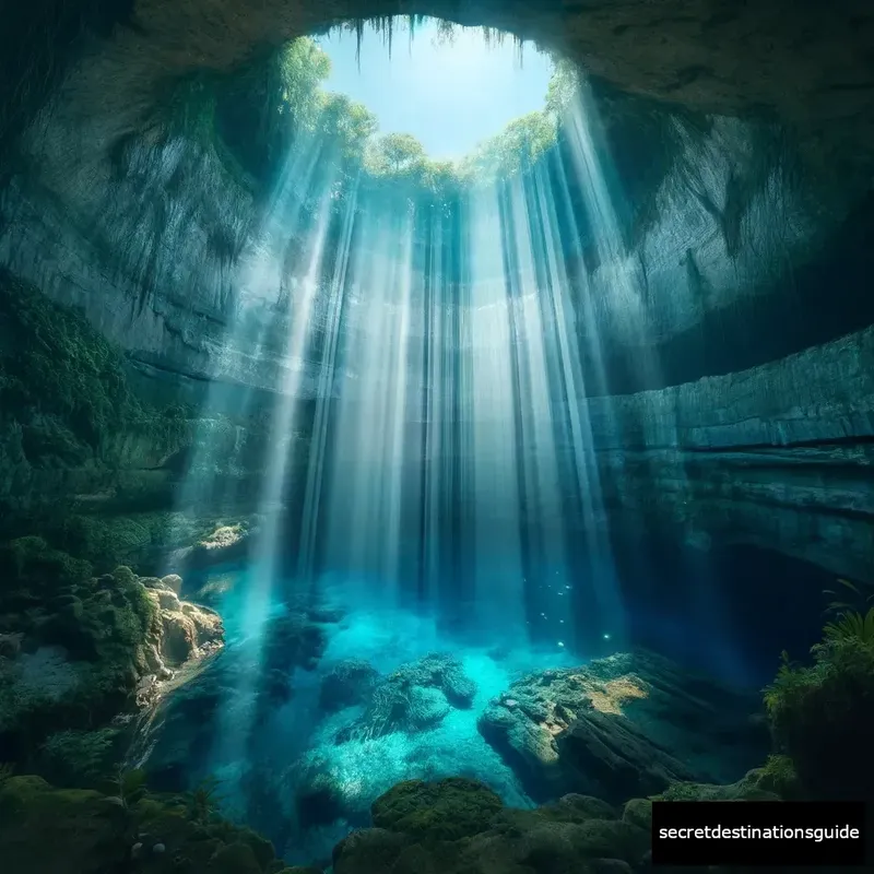 Mesmerizing Cenote Samula with light rays piercing through its blue waters