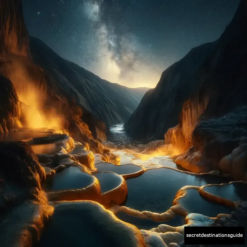 Night view of La Calera Hot Springs in the Colca Canyon, Peru