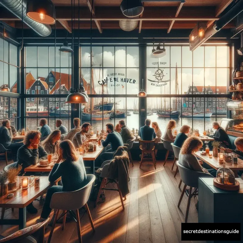 People dining at Café de Haven with views of the harbor in Den Helder