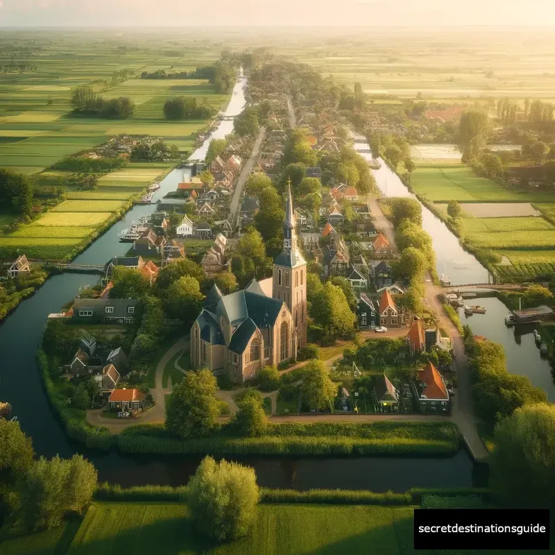 A picturesque aerial view of Den Hoorn, showcasing its iconic church and lush surroundings