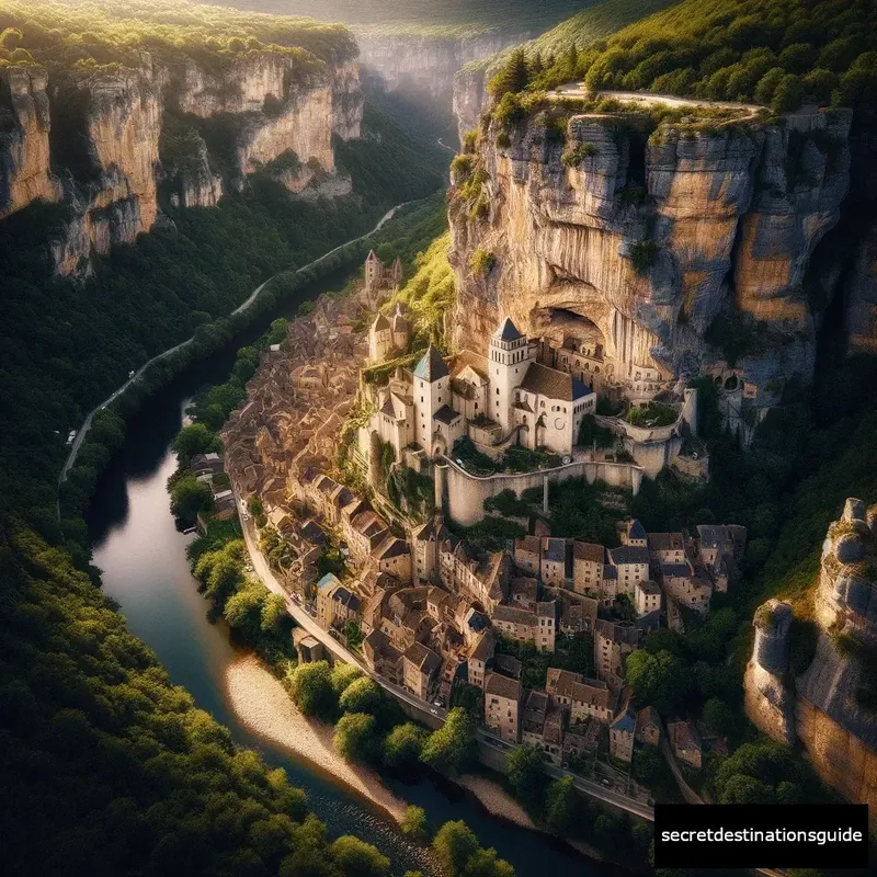 Breathtaking aerial view of Rocamadour nestled in the Alzou Canyon