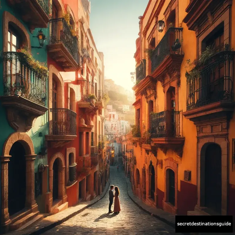 romantic, narrow alley of Callejón del Beso, Guanajuato with vibrant buildings on either side