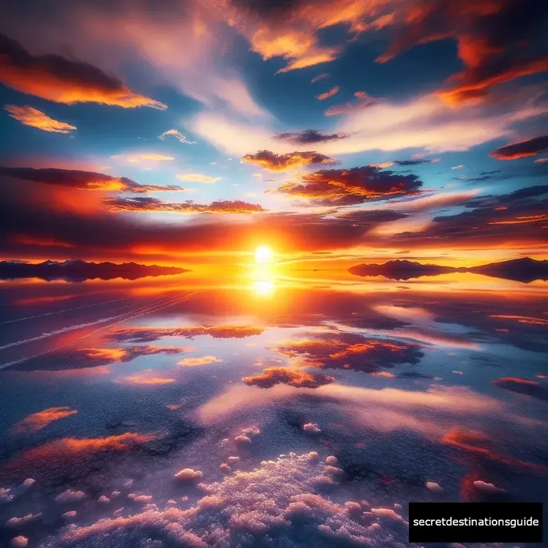 Salar de Uyuni's mirror-like surface at sunset, Bolivia