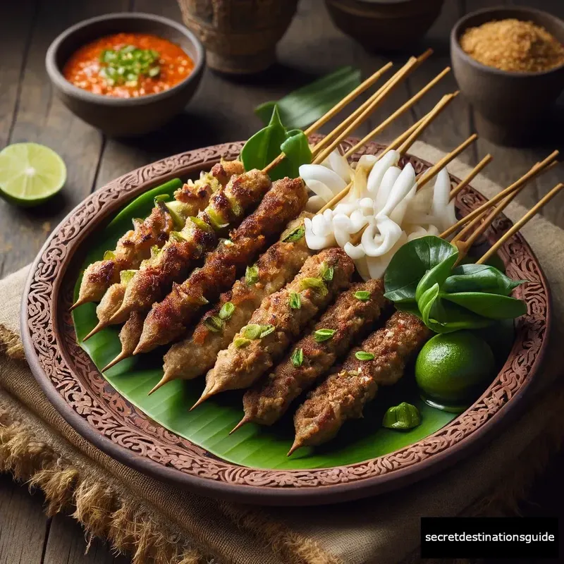 A plate of delicious Sate Lilit, a must-try Balinese delicacy.