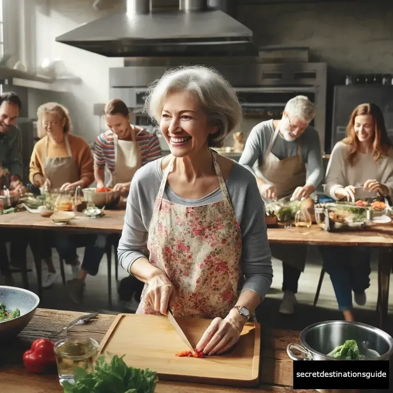 senior woman enjoying a group cooking class on solo travel