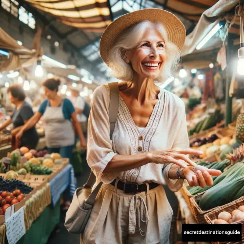 senior woman solo traveler at local market showing joy and curiosity