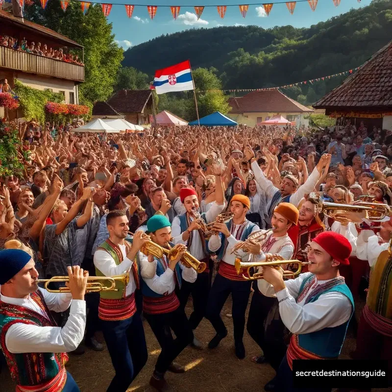 Serbian trumpet festival in Guča with performers in colorful costumes