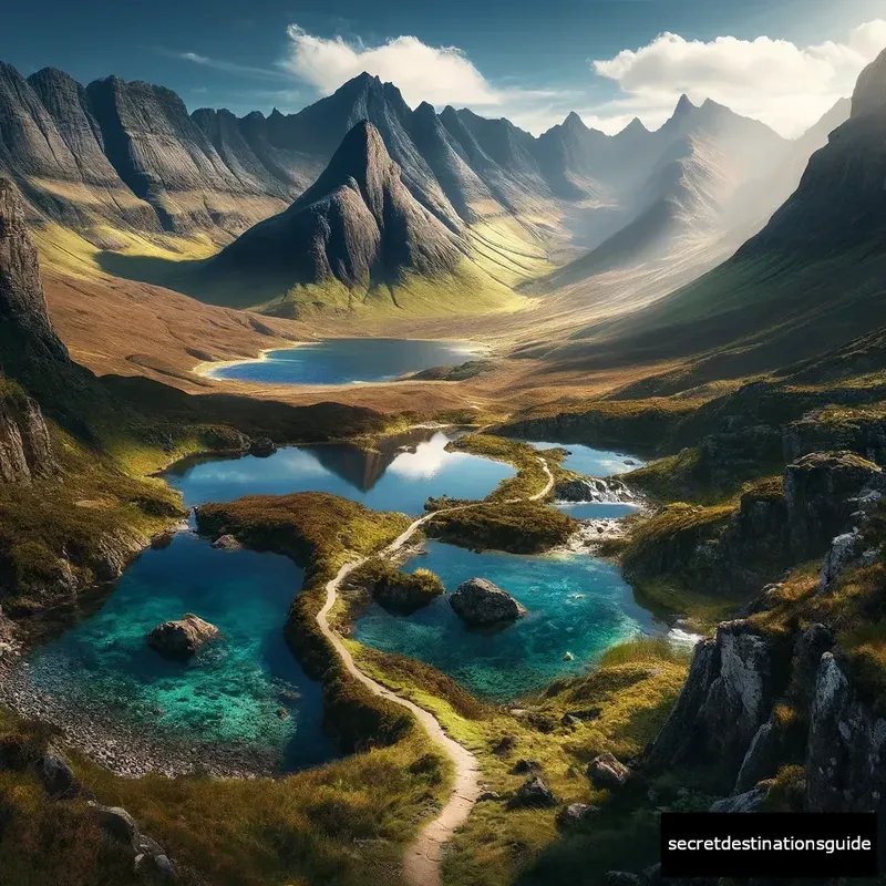 Spectacular views of Cuillin Mountains from the hiking trails around the Fairy Pools