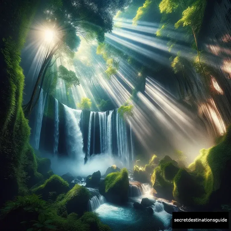 Sunbeams illuminating Tukad Cepung Waterfall in a mystical light