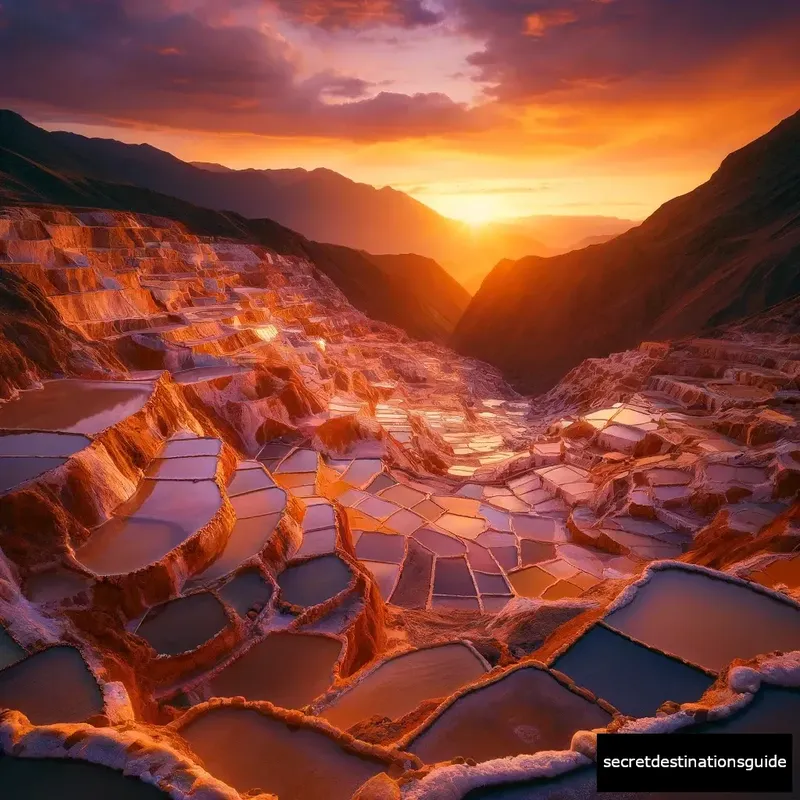 The warm glow of sunset over the staggered salt ponds of Maras