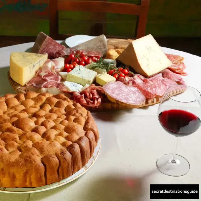 a table set with Torta al testo, various charcuteries, and a glass of Umbrian wine, embodying the rustic charm of Perugia's culinary delights