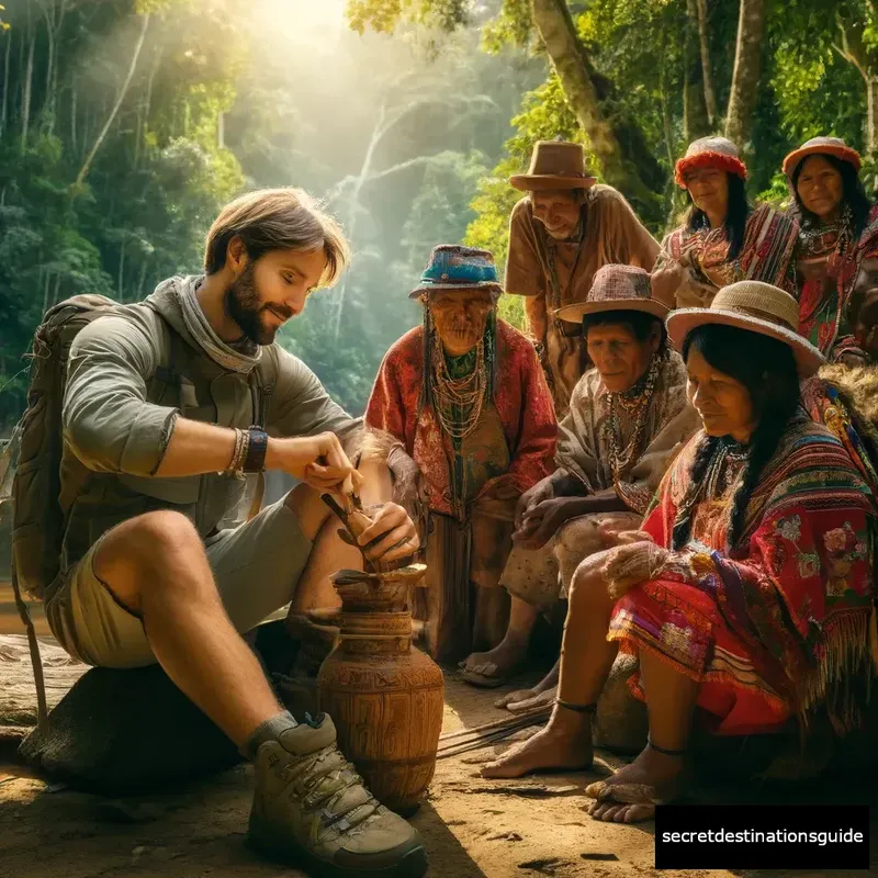 Traveler engaging with an Indigenous community in the Amazon Rainforest, Peru