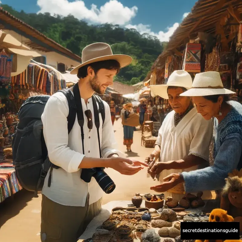 A traveler interacts with local artisans in La Macarena