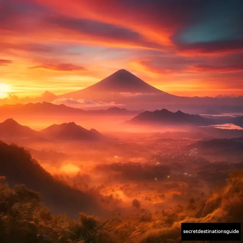 A vibrant sunrise over Mount Agung viewed from Lahangan Sweet.