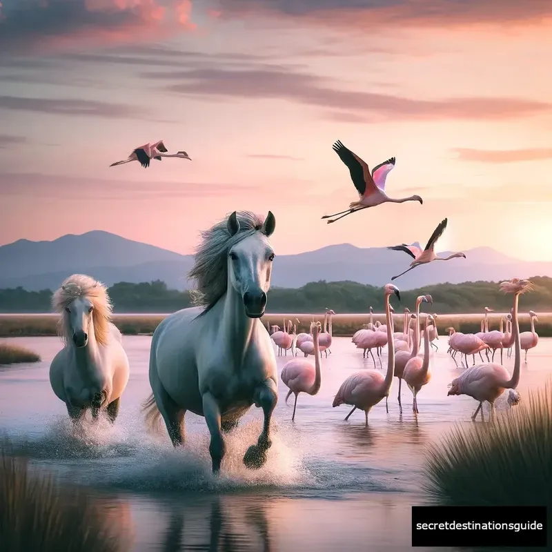 Wild Horses and Flamingos in the picturesque landscape of the Camargue